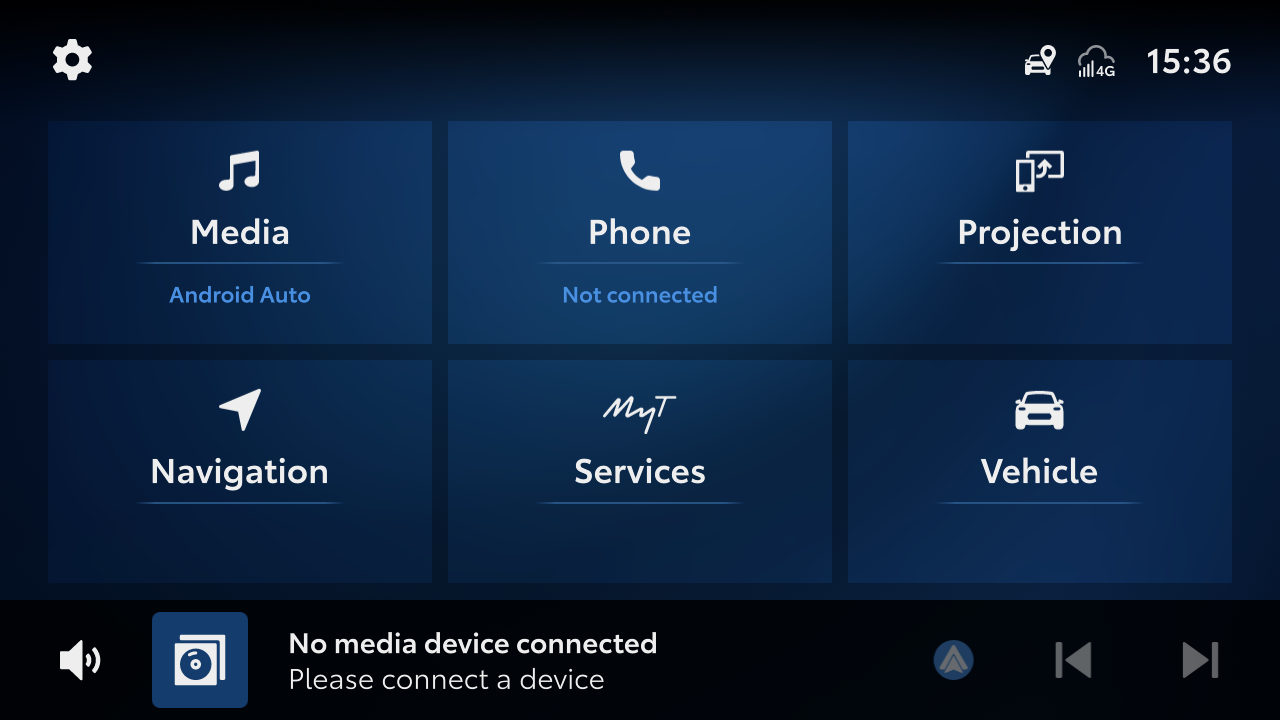 Homepage display of a Toyota Smart Connect in-car multimedia system showing various car functions.