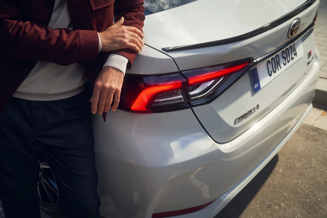 A close-up of the back of the Toyota Corolla Hybrid 